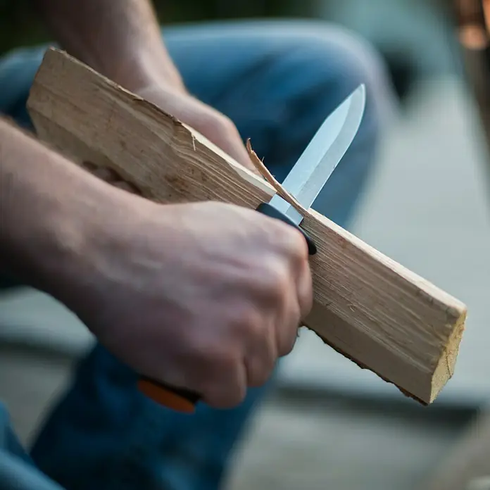 Fiskars Universalmesser K 40 - Klingenlänge: 10 cm - Nahaufnahme einer Person, die mit einem scharfen Messer Holz schnitzt, ideal für Outdoor-Aktivitäten und handwerkliche Projekte.