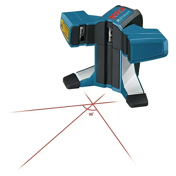 Bosch Professional Fliesenlaser GTL 3 - Max. Arbeitsbereich: 20 m, 4 -tlg. - Blau-schwarzer Bosch GTL 3 Professional Laser-Nivellier projiziert rote Laserlinien, die einen 90-Grad-Winkel bilden.