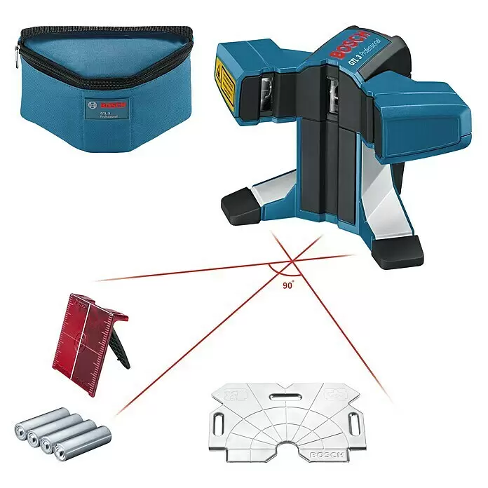 Bosch Professional Fliesenlaser GTL 3 - Max. Arbeitsbereich: 20 m, 4 -tlg. - Bosch GTL 3 Professional Laser-Nivelliergerät-Set in Blau-Schwarz, mit Tragetasche, Zieltafel, Bodenwinkelmesser und Batterien.