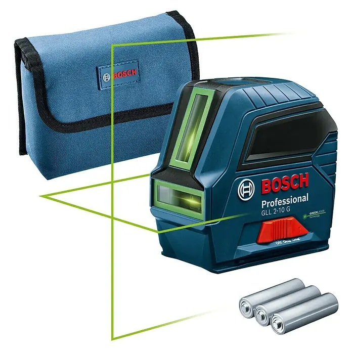 Bosch Professional Linienlaser GLL 2-10 - Max. Arbeitsbereich: 10 m, 3 -tlg. - Das Bosch GLL 2-10 G Professional Linienlaser-Set mit Zubehör und Tasche für präzise Nivellierung im Innenbereich.