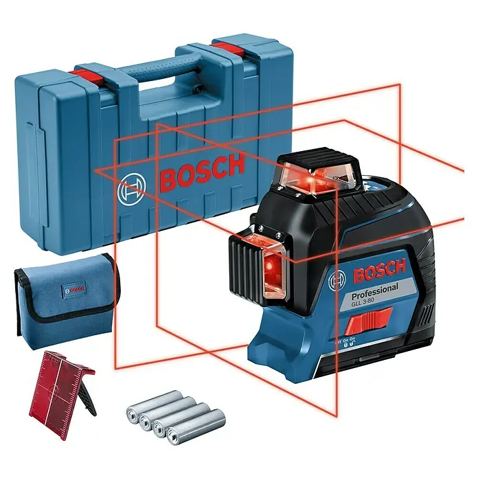 Bosch Professional Linienlaser GLL 3-80 Professional - Max. Arbeitsbereich: 30 m - Bosch GLL 3-80 Professional Linienlaser mit rotem Laserstrahl, inklusive Zubehör und Transportkoffer für den professionellen Einsatz.