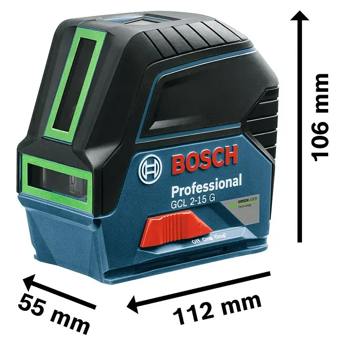 Bosch Professional Kombilaser GCL 2-15 G - Arbeitsbereich: Ca. 15 m - Produktbild eines Bosch GCL 2-15 G Professional Linienlasers mit Abmessungsangaben.