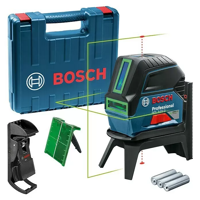 Bosch Professional Kombilaser GCL 2-15 - Arbeitsbereich: Ca. 15 m, 6 -tlg. - Bosch GCL 2-15 G Professional Grünlaser-Nivelliergerät-Set mit Koffer, Wandhalterung, Zieltafel und Batterien.