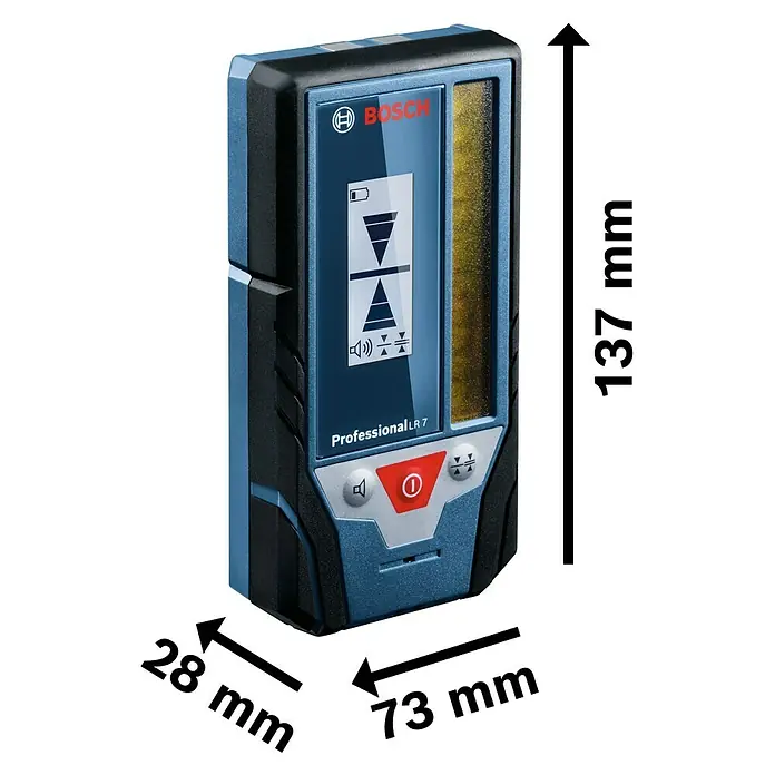 Bosch Professional Laserempfänger LR 7 - Passend für: Verschiedene Bosch Professional Kombi- und Linienlaser der GCL und GLL Serie - Produktbild des Bosch Professional LR 7 mit Größenangaben. Kompaktes Gerät für präzise Messungen.