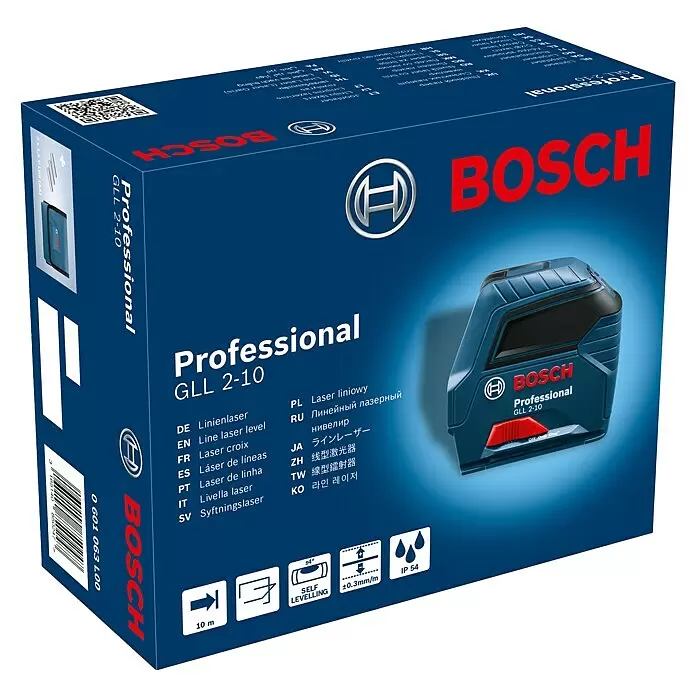 Bosch Professional Láser de línea GLL 2-10 - Zona de trabajo máx.: 10 m, 3 pzs. - Nivel láser de líneas Bosch GLL 2-10 azul en su embalaje azul, mostrando marca y características.
