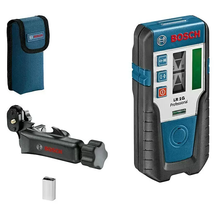 Bosch Professional Laserempfänger LR 1G - Passend für: Bosch Professional GRL 300 HVG - Bosch LR 1G Professional Laserempfänger in Schwarz-Blau, mit passender blauer Tragetasche, schwarzer Klammerhalterung und Batterie.