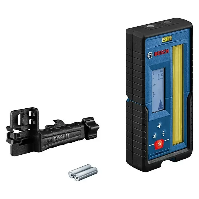 Bosch Professional Laserempfänger LR 45 - Passend für: GRL 300 HV, GRL 300 HVG, GRL 400 H Professional - Bosch blau-schwarzer Laserempfänger mit Digitalanzeige, abgebildet mit schwarzem Universalhalter und zwei silbernen AA-Batterien.