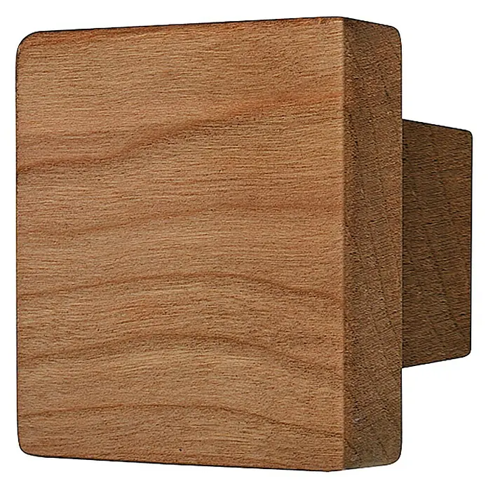 Möbelknopf - Typ Möbelgriff: Knopf, Ø x H: 21 x 21 mm, Holz, Lackiert, Kirschbaumholz - Nahaufnahme eines quadratischen Holzknopfes mit sichtbarer Maserung, ideal für Möbel oder Dekoration.