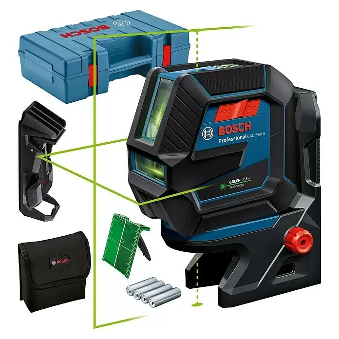 Bosch Professional Kombilaser GCL 2-50 G - Max. Arbeitsbereich: 50 m, 7 -tlg. - Bosch GCL 2-50 G grüner Kreuzlinienlaser, blau-schwarz, mit Koffer, Halterung, Tasche, Zieltafel und Batterien.