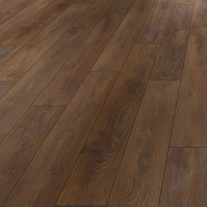 LOGOCLIC Ambienta Laminatmuster Eiche Oriolo - 296 x 195 x 1 mm, Landhausdiele - Nahaufnahme eines dunklen, braunen Holzfußbodens. Das Laminat präsentiert sich mit einer warmen, einladenden Textur.