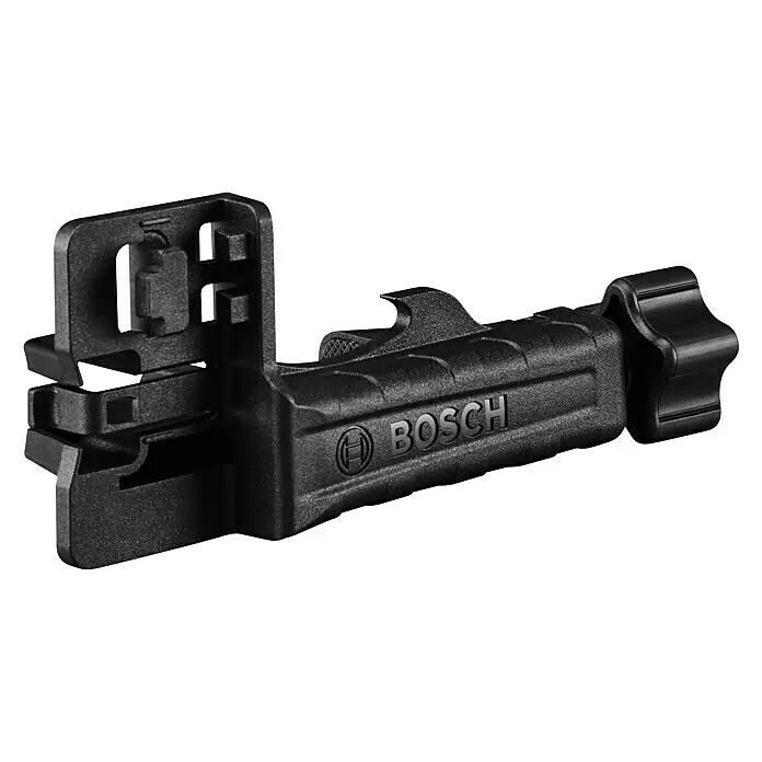 Bosch Professional Laserempfänger LR 45 - Passend für: GRL 300 HV, GRL 300 HVG, GRL 400 H Professional - Schwarzes Bosch Zubehörteil, möglicherweise eine Führung oder Klemme, mit texturiertem Griff und verstellbarem Knopf.