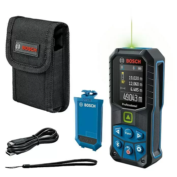 Bosch Professional Laserentfernungsmesser GLM 50-27 CG - Anzahl Akkus: 1 Akku, Messbereich: 0,05 - 50 m - Bosch GLM 50-27 CG Laser-Entfernungsmesser-Kit: Schwarz-blaues Gerät mit grünem Laser, schwarze Tragetasche, blauer Akku, USB-C-Kabel und Handschlaufe.