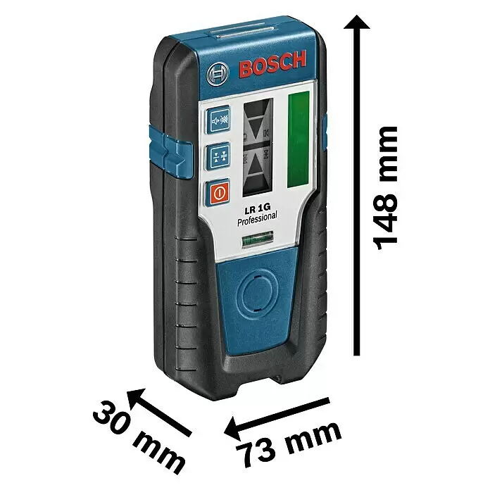 Bosch Professional Laserempfänger LR 1G - Passend für: Bosch Professional GRL 300 HVG - Bosch LR 1G Professional Laserempfänger in Blau und Schwarz mit silberner Front, grüner Anzeige und den Maßen 148x73x30 mm.