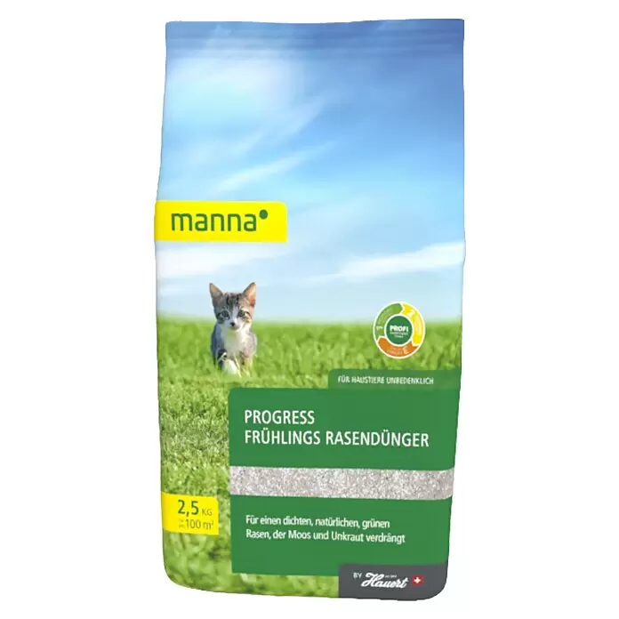 Manna Rasendünger Frühling - 2,5 kg, Max. Anwendungsfläche: 100 m² - Manna Progress Frühlings Rasendünger, 2,5 kg Beutel für dichten, moosfreien Rasen, unbedenklich für Haustiere.