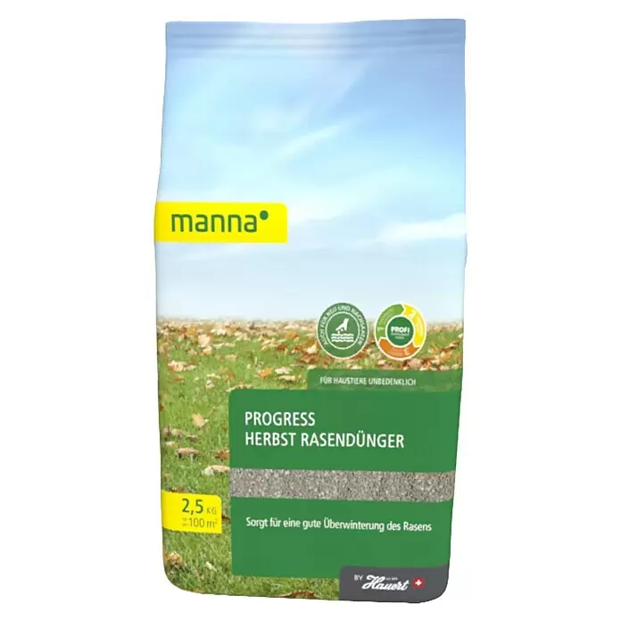 Manna Rasendünger Progress - 2,5 kg, Max. Anwendungsfläche: 100 m² - Manna Progress Herbst Rasendünger Sack, 2,5kg, haustierfreundliche Formel.