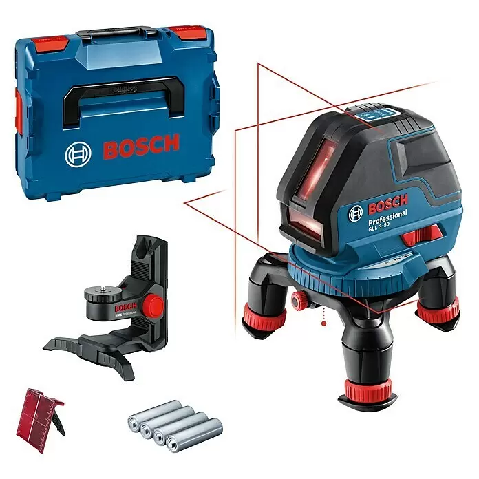 Bosch Professional Linienlaser GLL 3-50 - Arbeitsbereich: 50 m (mit Empfänger), 6 -tlg. - Bosch GLL 3-50 Kreuzlinienlaser-Set mit blauem Koffer, Laser, Halterung, Zieltafel und Batterien in Blau, Schwarz und Rot.
