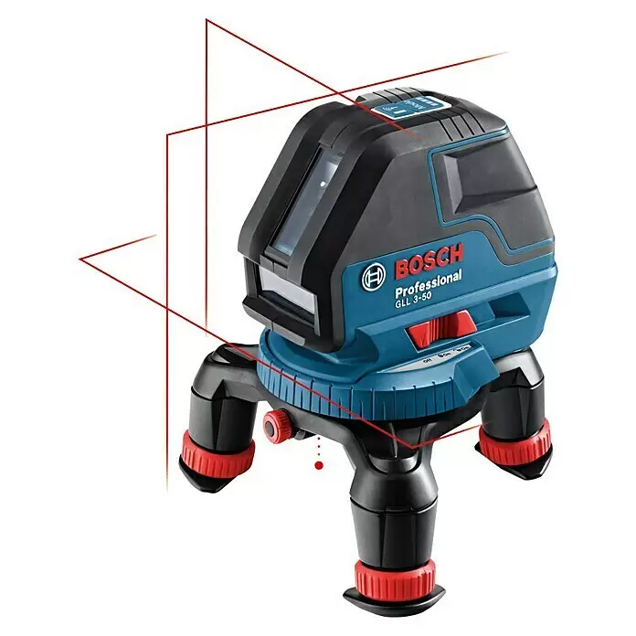 Bosch Professional Linienlaser GLL 3-50 - Arbeitsbereich: 50 m (mit Empfänger), 6 -tlg. - Blau-schwarzer Bosch Professional Laser-Nivellier GLL 3-50 mit roten Akzenten und roten Laserlinien.