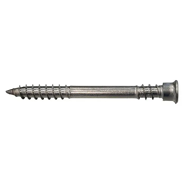 Profi Depot TerrassenschraubeØ x L: 5,5 x 60 mm, Edelstahl rostfrei A4 - Nahaufnahme einer einzelnen Holzschraube mit Gewinde und spitzem Ende, ideal für Befestigungsarbeiten.