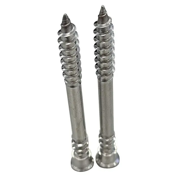 Profi Depot Terrassenschraube - Ø x L: 5,5 x 60 mm, Edelstahl rostfrei A4 - Zwei Holzschrauben aus Metall vor schwarzem Hintergrund.