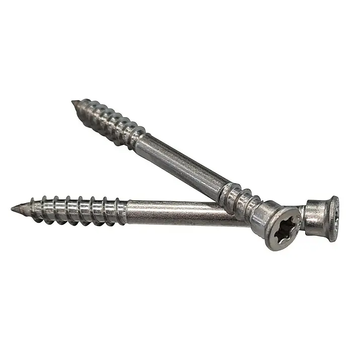 Profi Depot TerrassenschraubeØ x L: 5,5 x 60 mm, Edelstahl rostfrei A4 - Nahaufnahme von zwei Torx-Holzschrauben aus Metall mit scharfen Spitzen und glänzenden Oberflächen.