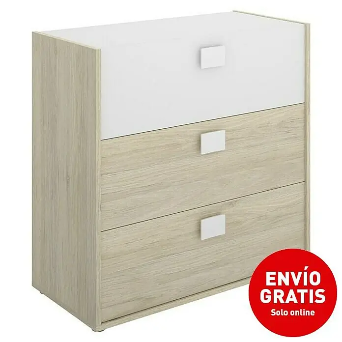 Dekit Cómoda Dina - L x An x Al: 41 x 81 x 81 cm, Natural/Blanco, Número de cajones: 3 ud. - Una cómoda de tres cajones con acabado blanco y madera, perfecta para almacenamiento adicional en dormitorio o salón.