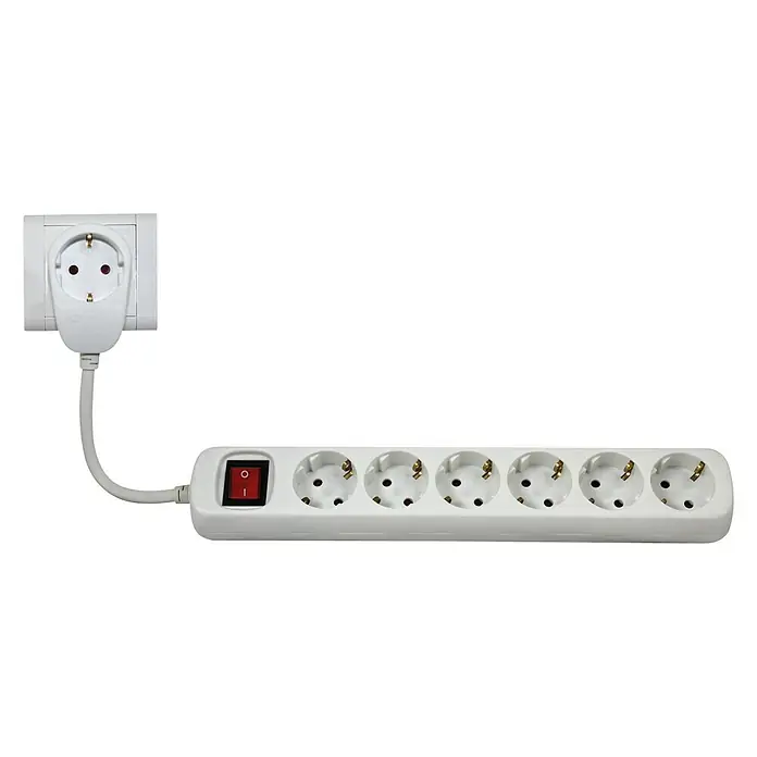 Steckdosenleiste Powersplit - Anzahl Steckdosen Schuko: 7 Stk., Weiß, Kabellänge: 2 m, Mit Schalter - Steckdosenleiste mit sechs Steckplätzen und Netzstecker, ideal für den Einsatz im Büro oder zu Hause, bietet flexible Stromversorgung.