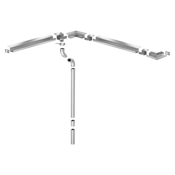 Sarei Piccolo Ablauf-Set - Nennweite: 70 mm, Aluminium, Silber, Eckig - Abbildung einer Dachrinne mit Fallrohrsystem, bestehend aus Rinne, Ecken, Rohrbögen und Verbindungsstücken, zur Regenwasserableitung.