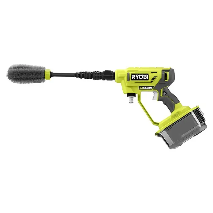 Ryobi Waschbürste RAC749 - Geeignet für: Felgen - Abbildung einer RYOBI EZClean Power Washer mit Bürstenaufsatz, die für Reinigungsarbeiten im Freien entwickelt wurde und mit einer Batterie betrieben wird.