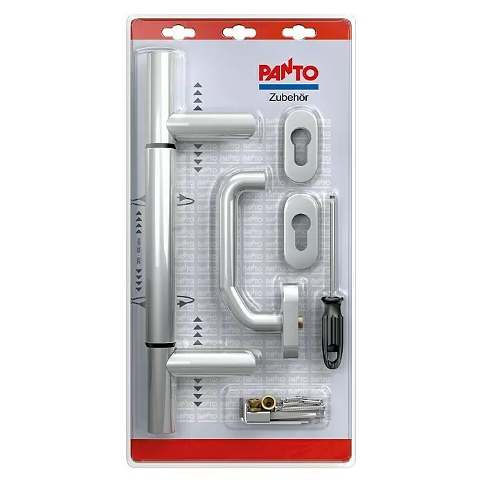 Panto Stoßgriff-Set variabel - Passend für: Haus- & Nebeneingangstüren, Variable Länge 300 – 400 mm - Silberfarbenes Türbeschlagset im Blisterpack, bestehend aus Griffen, Schlüsselschildern, Schraubendreher und Montagezubehör.