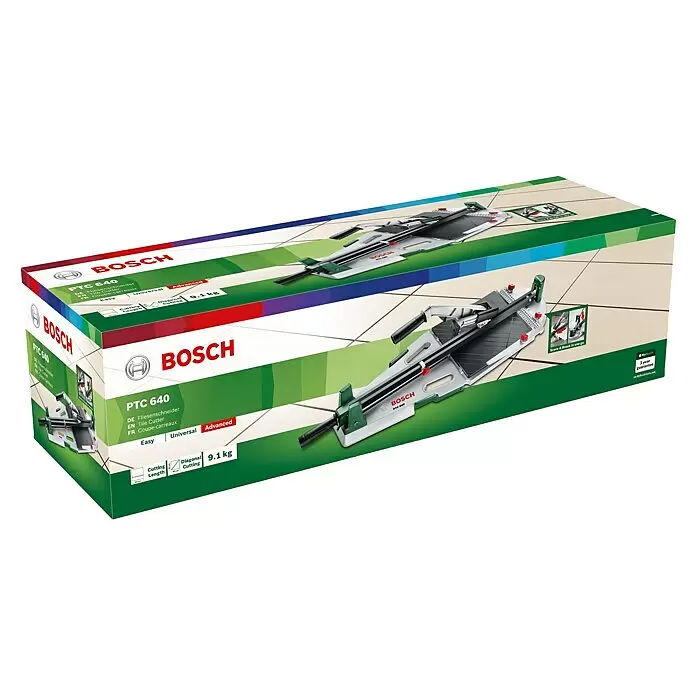 Bosch Cortador de azulejos PTC 640 - Longitud de corte máx.: 640 mm - Cortador de azulejos Bosch PTC 640 en su embalaje verde y blanco. El paquete muestra las características del producto y el peso.