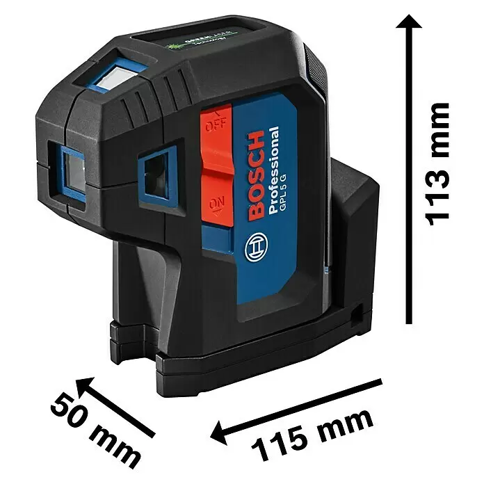 Bosch Professional Punktlaser GPL 5 G - Max. Arbeitsbereich: 30 m, 5 Laserpunkte - Bosch Professional GPL 5 G grüner Laser-Nivellierer, schwarz mit blauen und roten Details. Abmessungen: 113x115x50 mm.