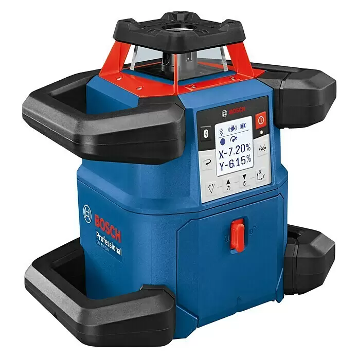 Bosch Professional Rotationslaser GRL 600 CHV - 19 -tlg. - Blauer und roter Bosch Professional Rotationslaser mit schwarzen Schutzgriffen und digitaler Anzeige für X/Y-Prozente.