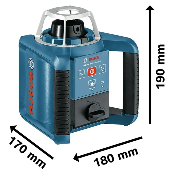 Bosch Professional Rotationslaser GRL 300 HV - Arbeitsbereich: Ø 60 m (ohne Empfänger), 11 -tlg. - Das Bild zeigt einen blauen Bosch GRL 300 HV Professional Rotationslaser mit den Maßen 170mm x 180mm x 190mm.