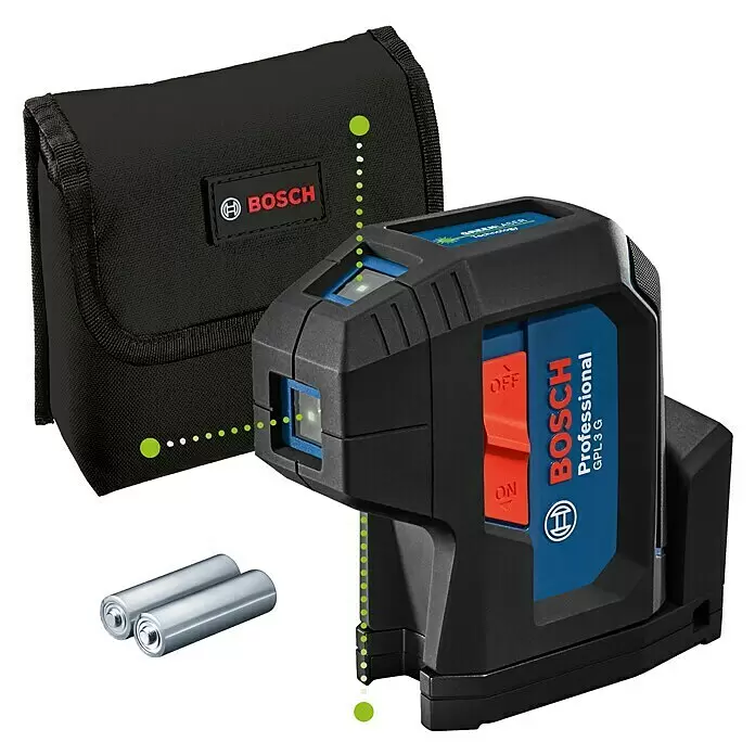 Bosch Professional Punktlaser GPL 3 G - Max. Arbeitsbereich: 30 m - Bosch Professional GPL 3 G grüner Punktlaser in Schwarz-Blau, mit Tragetasche und zwei Batterien.