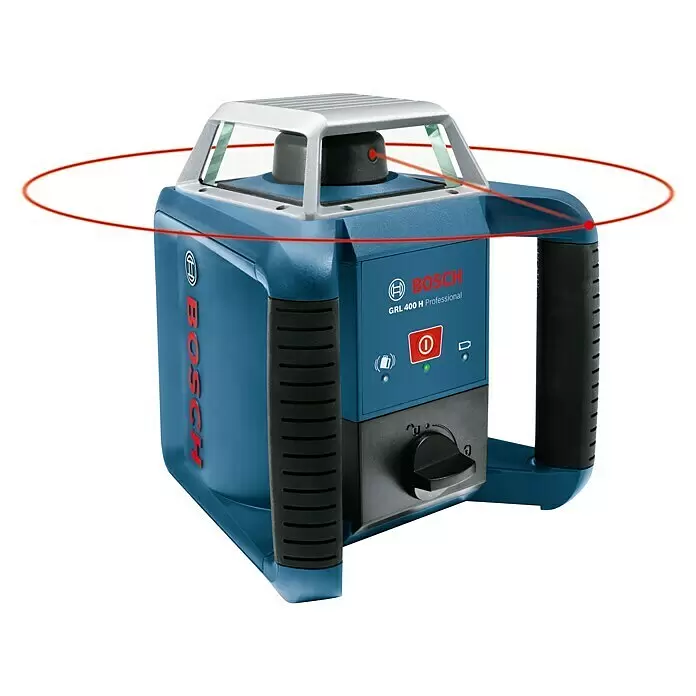 Bosch Professional Rotationslaser GRL 400 H PRO SET - Max. Arbeitsbereich mit Empfänger: 400 m, Mit Batterien - Blauer und schwarzer Bosch GRL 400 H Professional Rotationslaser mit silberner Oberseite, emittiert eine rote 360-Grad-Laserlinie.
