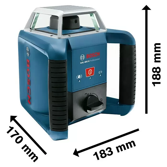 Bosch Professional Rotationslaser GRL 400 H PRO SET - Max. Arbeitsbereich mit Empfänger: 400 m, Mit Batterien - Blauer und schwarzer Bosch GRL 400 H Professional Rotationslaser mit silbernem Oberteil, Maße sichtbar.