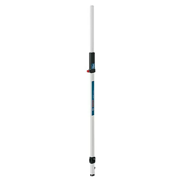Bosch Professional Messlatte GR 240 - Arbeitshöhe: 2,4 m - Helle graue Laser-Nivellierlatte mit blauem Abschnitt und schwarzer verstellbarer Klemme mit rotem Knopf.