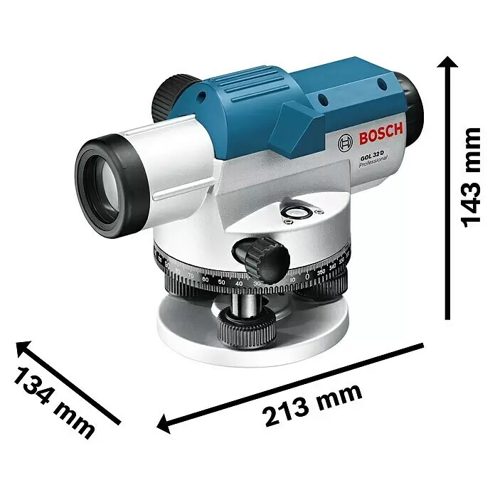 Bosch Professional Optisches Nivelliergerät GOL 32 D - Max. Arbeitsbereich: 120 m - Blau-silbernes Bosch GOL 32D Professional Nivelliergerät. Maße: 213x134x143 mm.