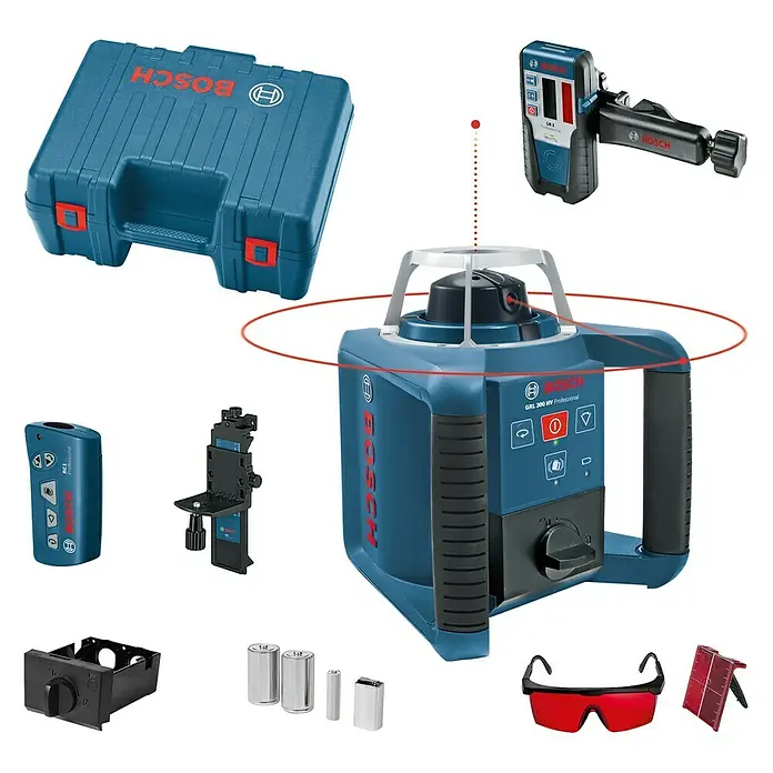 Bosch Professional Rotationslaser GRL 300 HV - Arbeitsbereich: Ø 60 m (ohne Empfänger), 11 -tlg. - Bosch GRL 300 HV Professional Rotationslaser mit Zubehör, ideal für präzise Nivellierarbeiten.