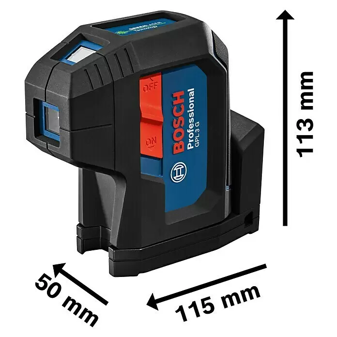 Bosch Professional Punktlaser GPL 3 G - Max. Arbeitsbereich: 30 m - Bosch Professional GPL 3 G grüner Punktlaser, schwarz-blau mit roten Bedienelementen, Maße angezeigt.