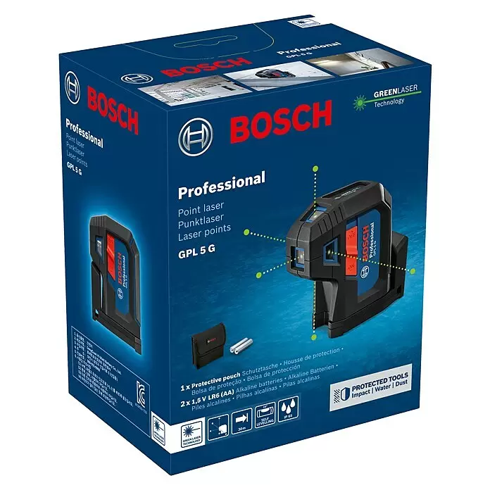 Bosch Professional Punktlaser GPL 5 G - Max. Arbeitsbereich: 30 m, 5 Laserpunkte - Blauer Bosch Professional GPL 5 G Punktlaser in Verpackung mit Grünlaser-Technologie, Schutztasche und AA-Batterien.