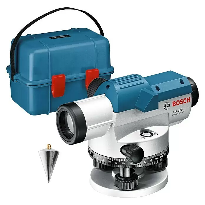 Bosch Professional Optisches Nivelliergerät GOL 32 D - Max. Arbeitsbereich: 120 m - Ein blau-silbernes Bosch GOL 32D Professional Nivelliergerät mit blauem David White Tragekoffer und Senklot für präzise Nivellierarbeiten.
