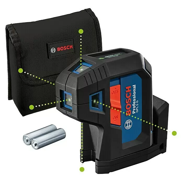 Bosch Professional Punktlaser GPL 5 G - Max. Arbeitsbereich: 30 m, 5 Laserpunkte - Schwarz-blaues Bosch GPL 5 G Profi-Kreuzlinienlaser-Nivelliergerät mit schwarzer Tasche und zwei AA-Batterien, zeigt grüne Laserpunkte.