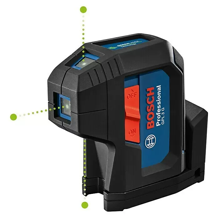 Bosch Professional Punktlaser GPL 3 G - Max. Arbeitsbereich: 30 m - Kompaktes, schwarz-blaues Bosch Grünlaser-Nivelliergerät mit rotem EIN/AUS-Schalter, zeigt grüne Laserpunkte vertikal und horizontal.