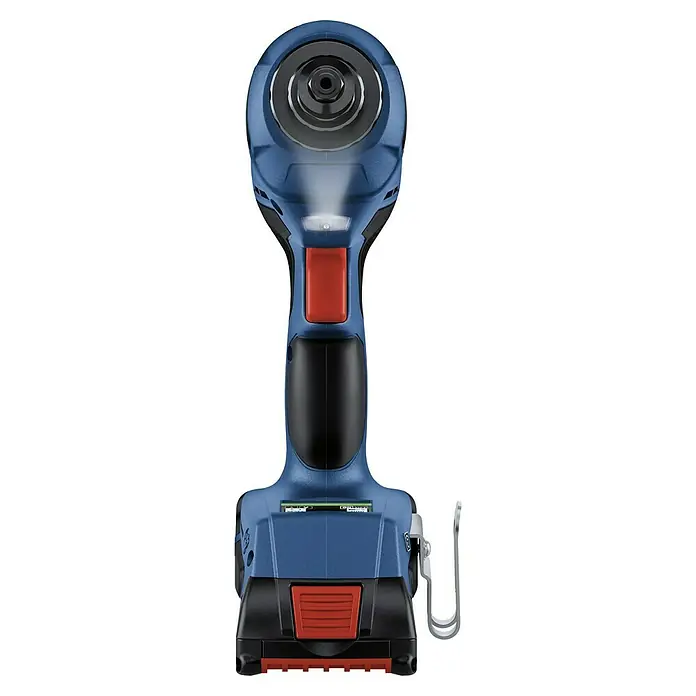 Bosch Professional AMPShare 18V Akku-Blindnietpistole GRG 18V-16 C - Ohne Akku, Durchmesser: 3 mm - 6,4 mm, 2 -tlg. - Nahaufnahme eines blauen Akku-Schlagschraubers mit rotem Auslöser und integrierter LED-Leuchte. Das Werkzeug ist für schwere Schraubarbeiten konzipiert.