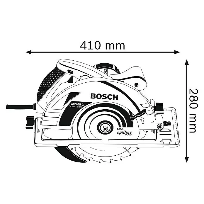 Bosch Professional Handkreissäge GKS 85 G - 2.200 W, Durchmesser Sägeblatt: 235 mm - Schwarz-weiß-Strichzeichnung einer Bosch GKS 85 G Professional Handkreissäge, 410 mm lang und 280 mm hoch.