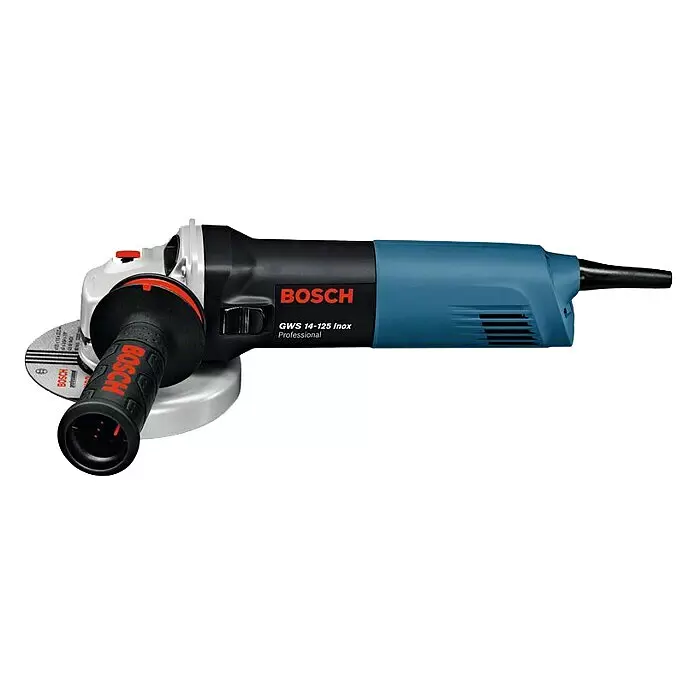 Bosch Professional Elektro-Winkelschleifer GWS 14-125 - 1.400 W, Durchmesser Scheibe: 125 mm, Leerlaufdrehzahl: 11.500 U/min - Eine blau-schwarze Bosch GWS 14-125 Inox Professional Winkelschleifer mit grauer Trennscheibe und schwarzem Zusatzhandgriff.