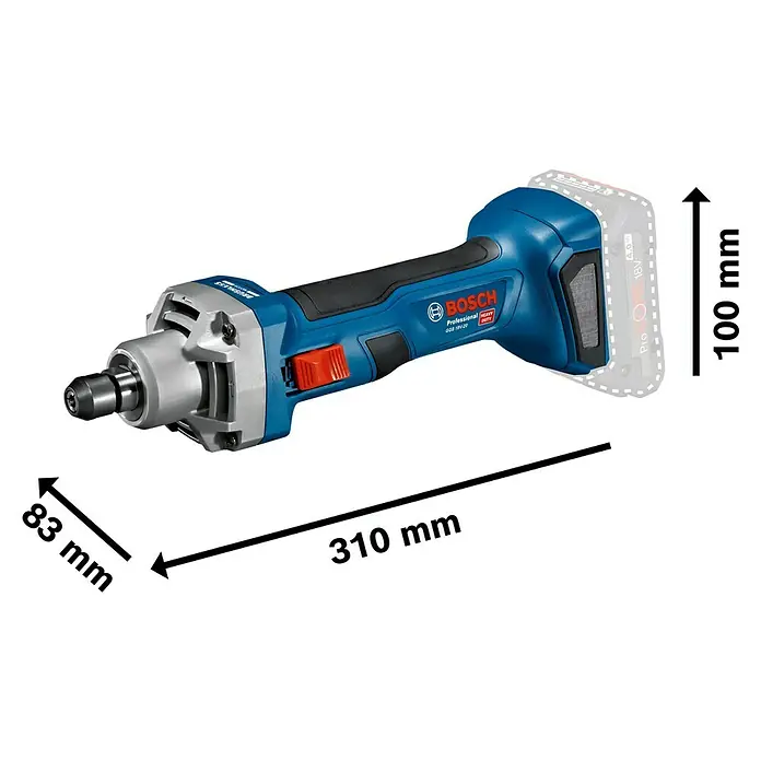 Bosch Professional AMPShare 18V Akku-Geradschleifer GGS 18V-20 - 18 V, Ohne Akku, Leerlaufdrehzahl: 24.000 U/min, Karton - Abbildung eines Bosch GGS 18V-20 Professional Geradschleifers mit Abmessungen.