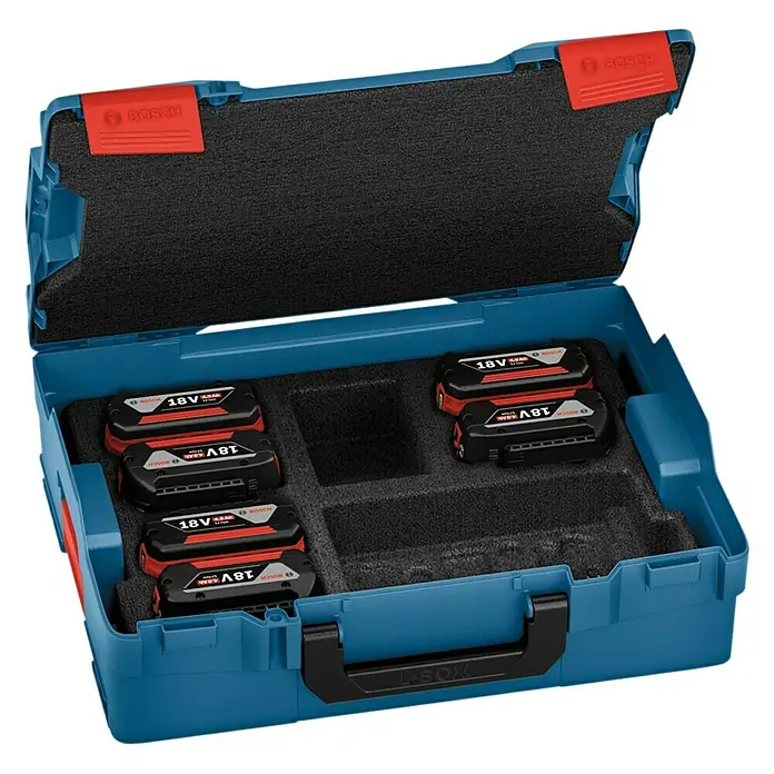 Bosch Professional AMPShare 18V Akku-Set - 18 V, 4 Ah, 6 Stk. - Bosch L-Boxx mit 18V Akkus: Aufbewahrungslösung für Elektrowerkzeuge mit mehreren Akkus und Fächern für organisiertes Arbeiten.