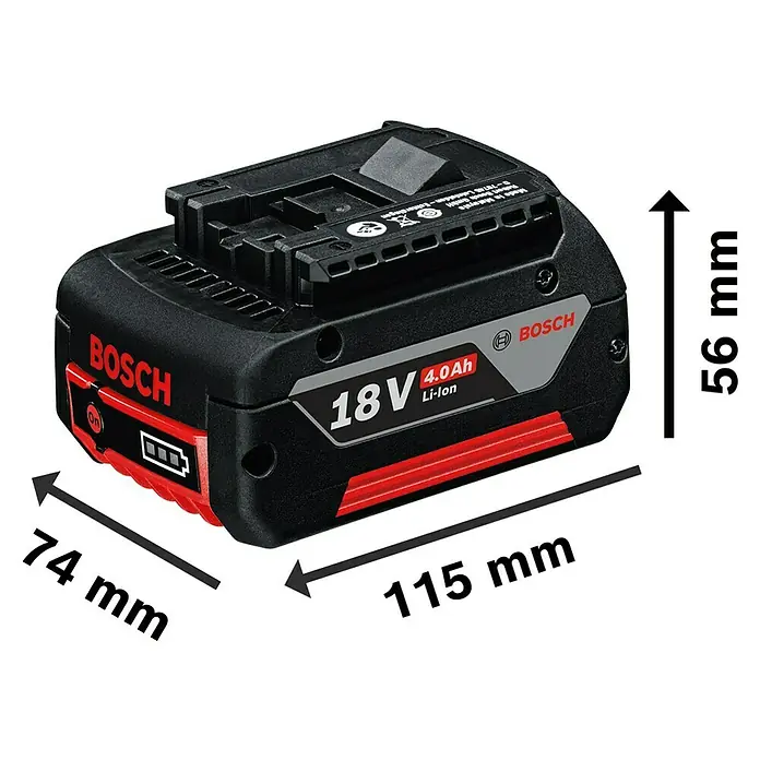 Bosch Professional AMPShare 18V Akku-Set - 18 V, 4 Ah, 6 Stk. - Bosch 18V 4.0Ah Li-Ion Akku mit Abmessungen. Der Akku ist schwarz und rot und hat eine Kapazität von 4.0 Ah.